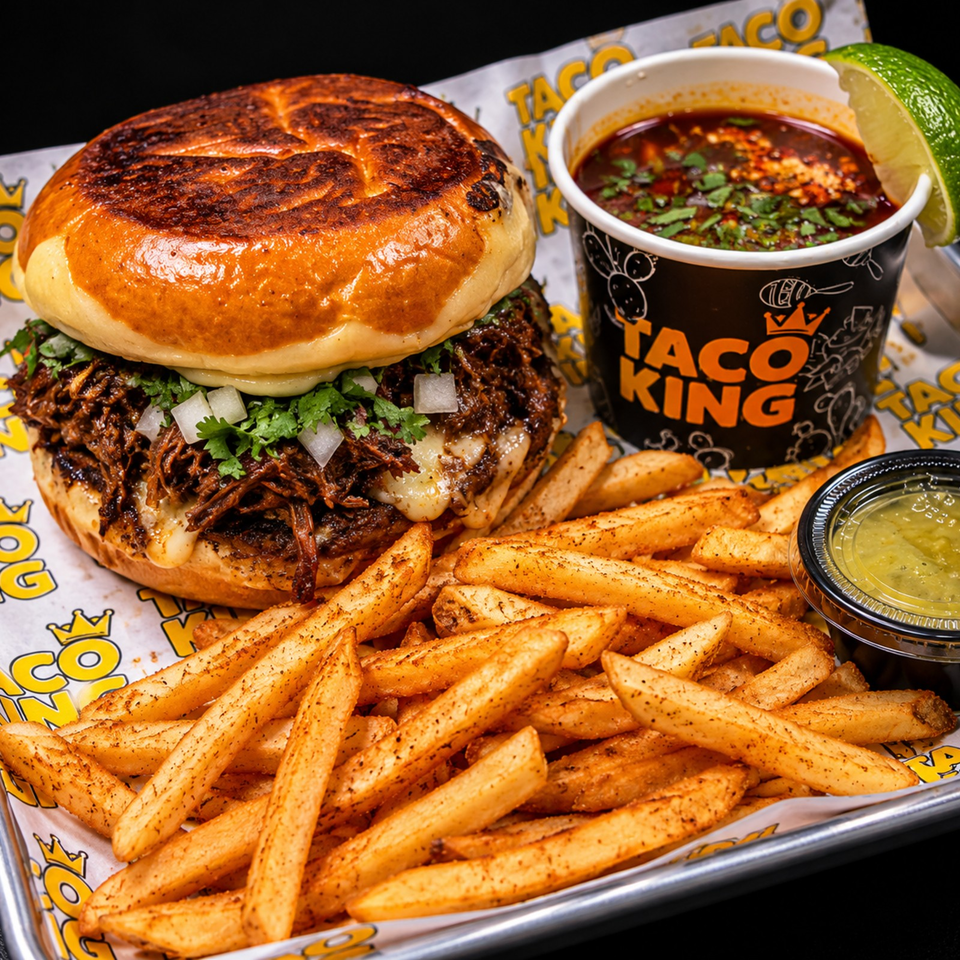 Loaded birria-style burger with cilantro and onions, seasoned fries, consommé, lime, and salsa on a Taco King tray.