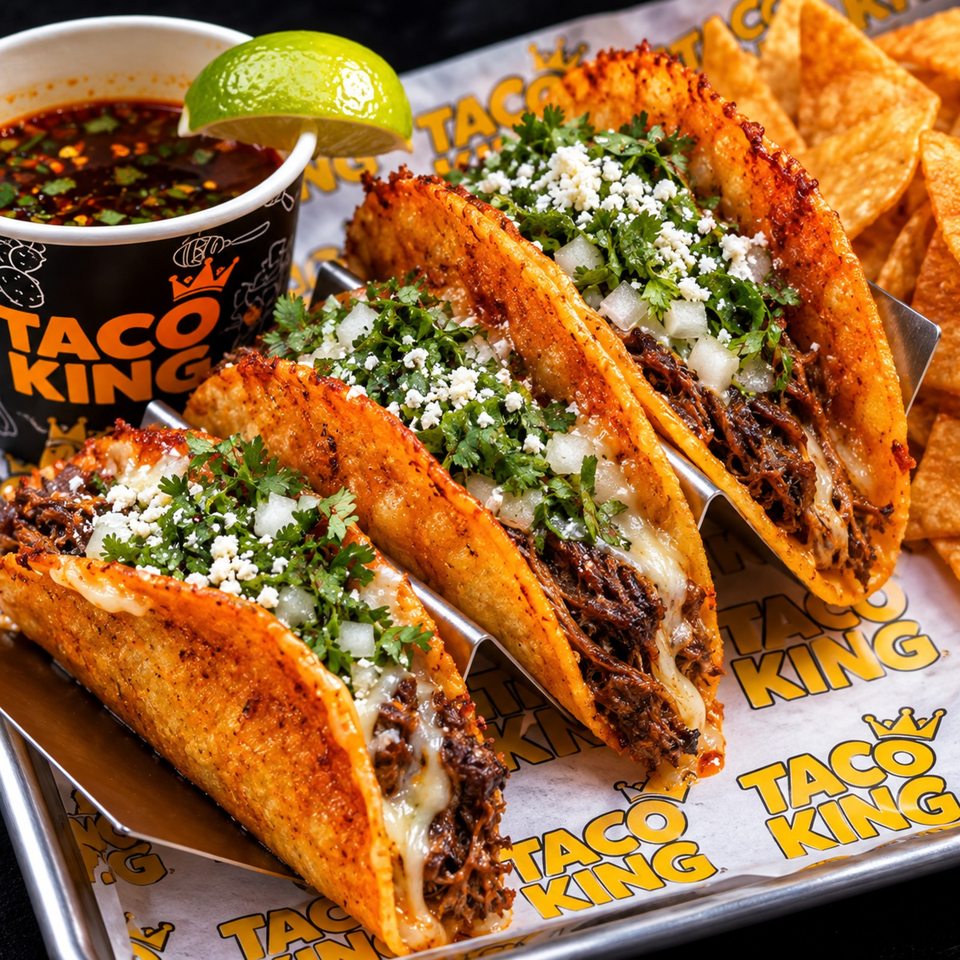 Crispy birria tacos topped with cilantro, diced onions, and cotija cheese, served with consommé, lime, and tortilla chips.